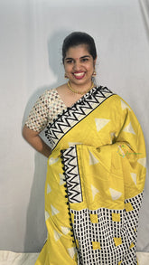 Vriksham Yellow Cotton Mulmul Saree With Pom Pom Lace-VS4428